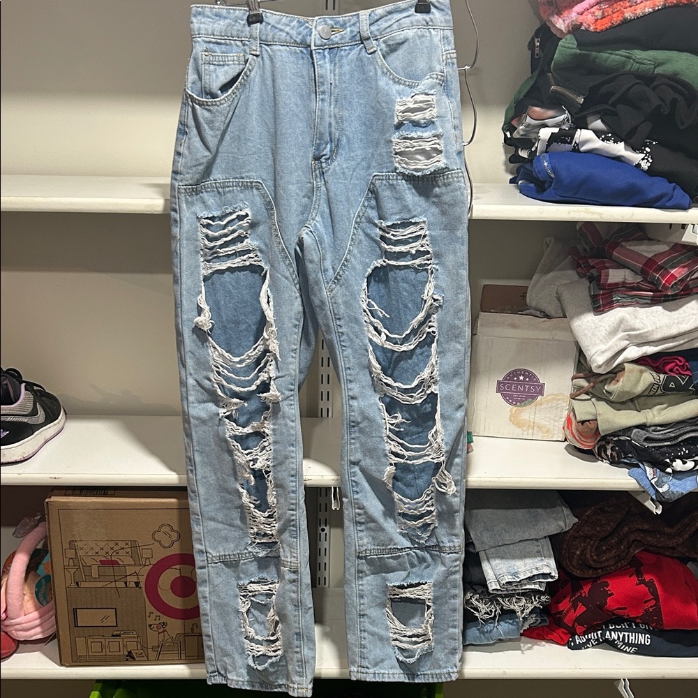 SHEIN Sky Blue Ripped Relaxed Jeans